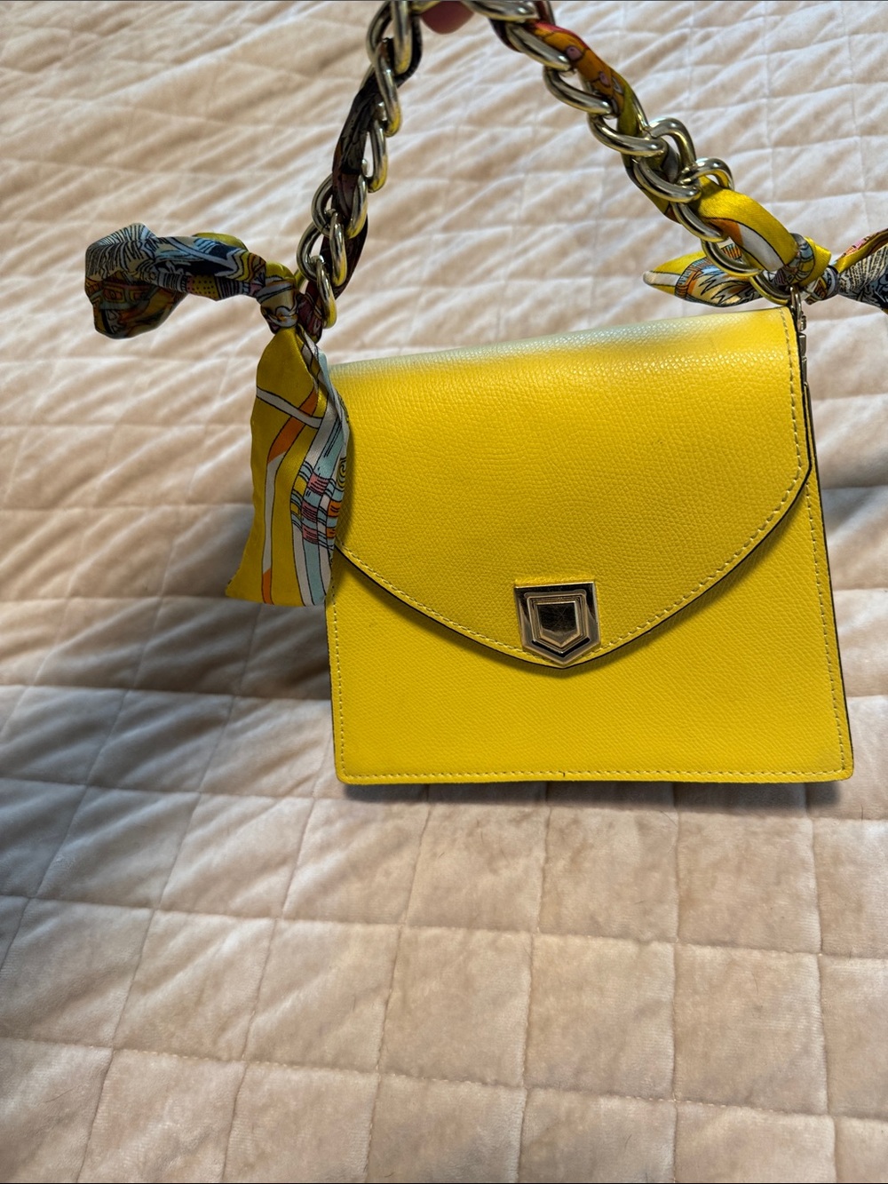 Yellow Leather Chain-Handle with Chic Scarf Shoulder Bag